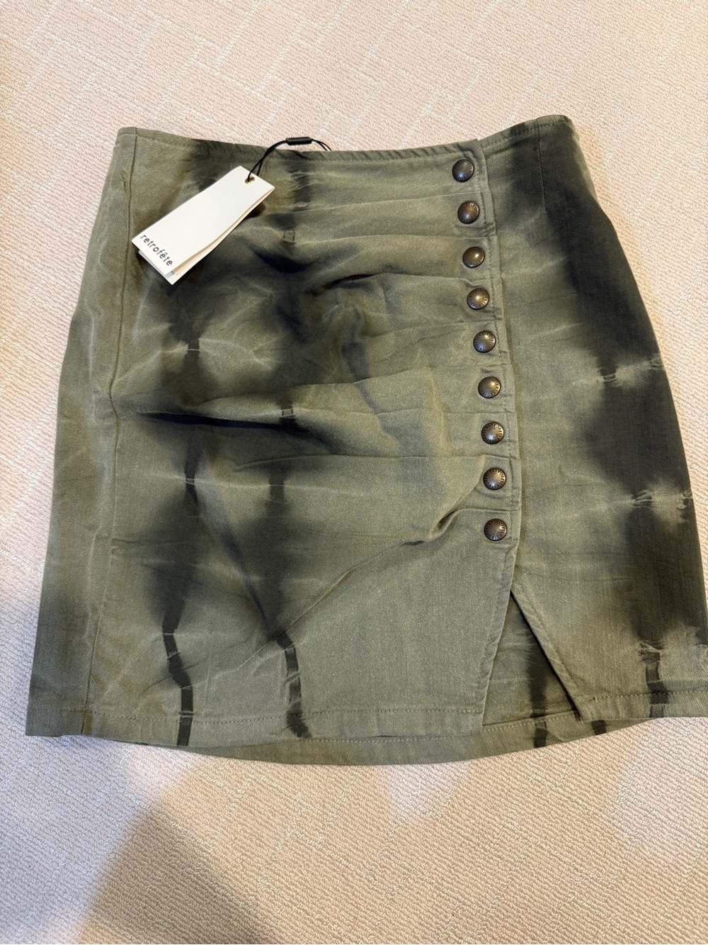 Retrofete Olive Green Button-Front Mini Skirt